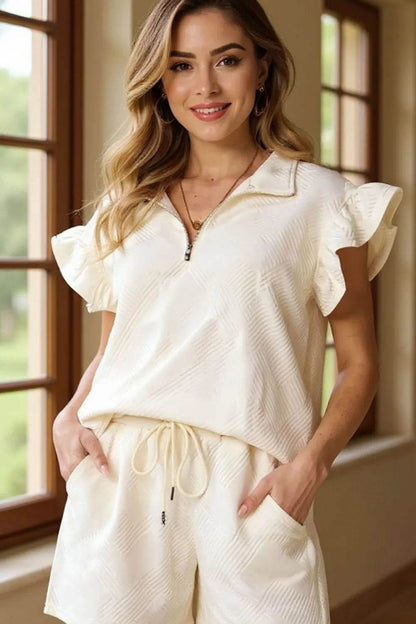 Double Take Full Size Texture Flounce Sleeve Top and Drawstring Shorts Set - Tredona LLC