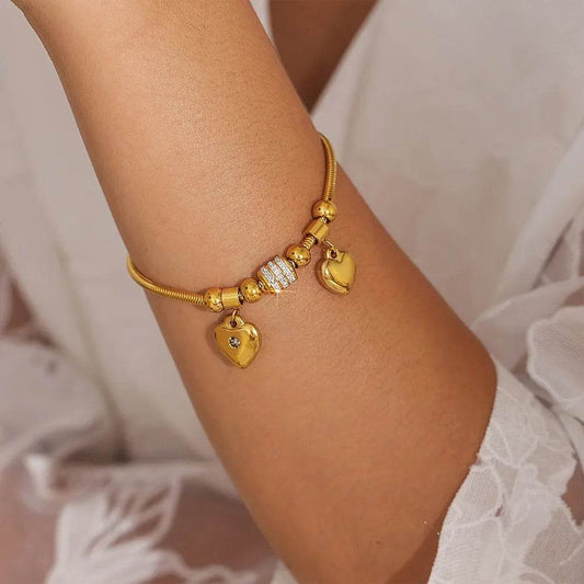 18K Gold-Plated Rhinestone Heart Charm Bracelet - Tredona LLC