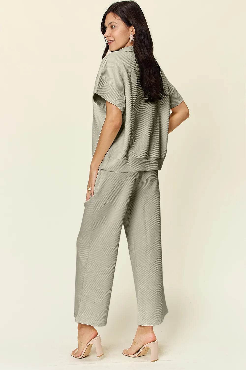 Double Take Full Size Texture Half Zip Short Sleeve Top and Pants Set - Tredona LLC