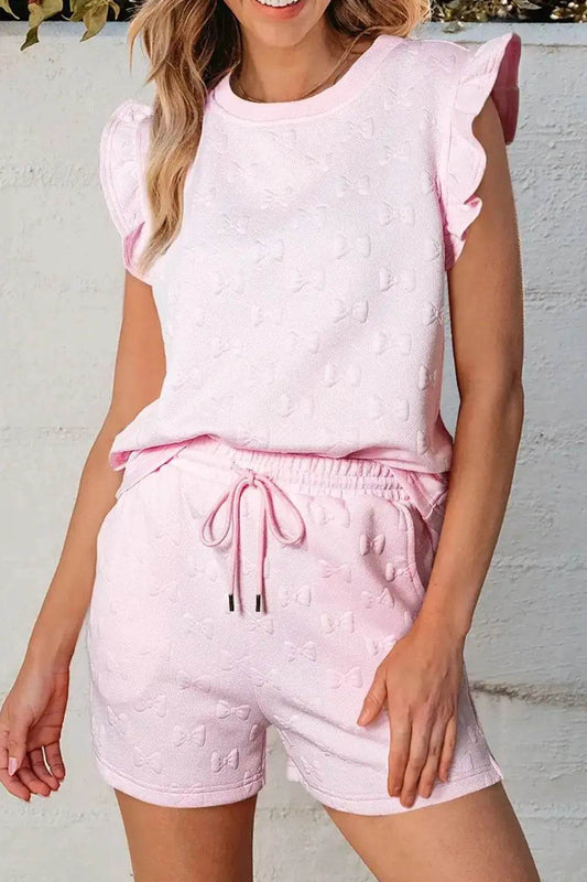 Bow Jacquard Ruffle Cap Sleeve Top and Shorts Set - Tredona LLC