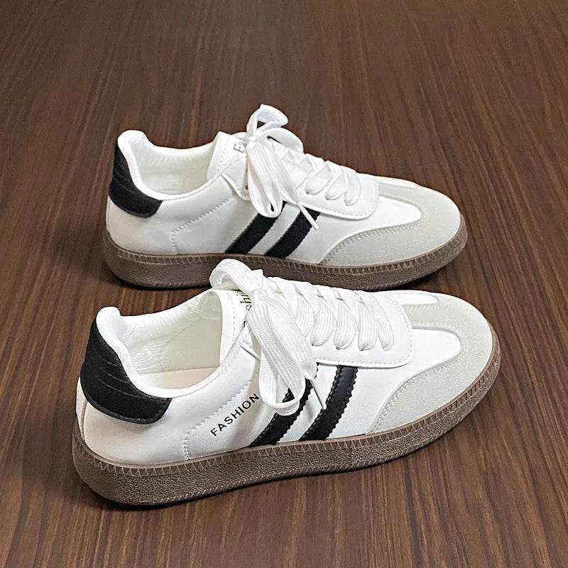 Side Striped Lace Up Round Toe Sneakers - Tredona LLC