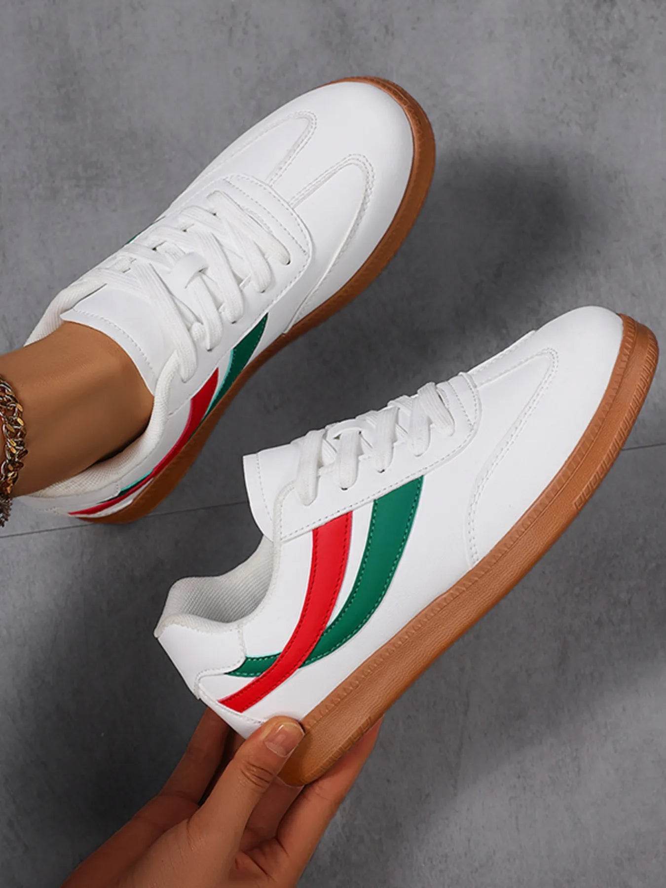 Lace Up Flat Sneakers with Stripe Accent - Tredona LLC
