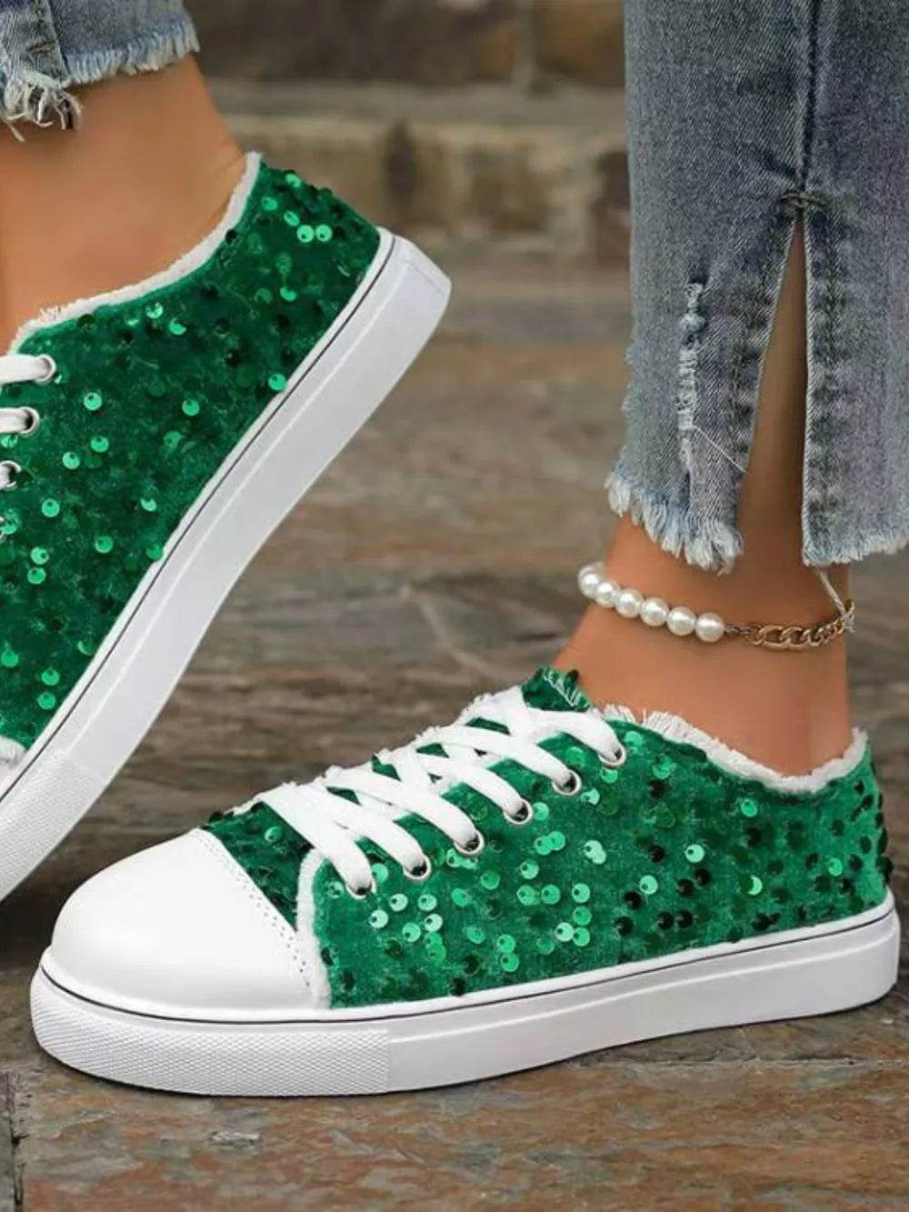 Sequin Round Toe Flat Sneakers - Tredona LLC