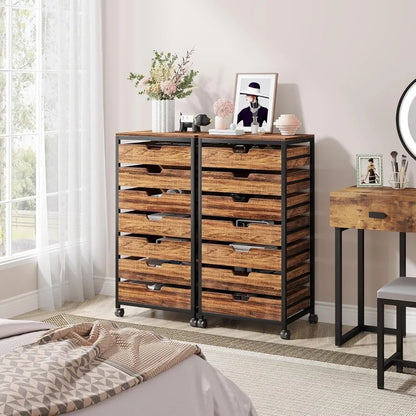 Tribesigns 7 Drawer Chest, Wood Storage Dresser Cabinet with Wheels, Industrial Storage Drawer Organizer Cart for Office Bedroom