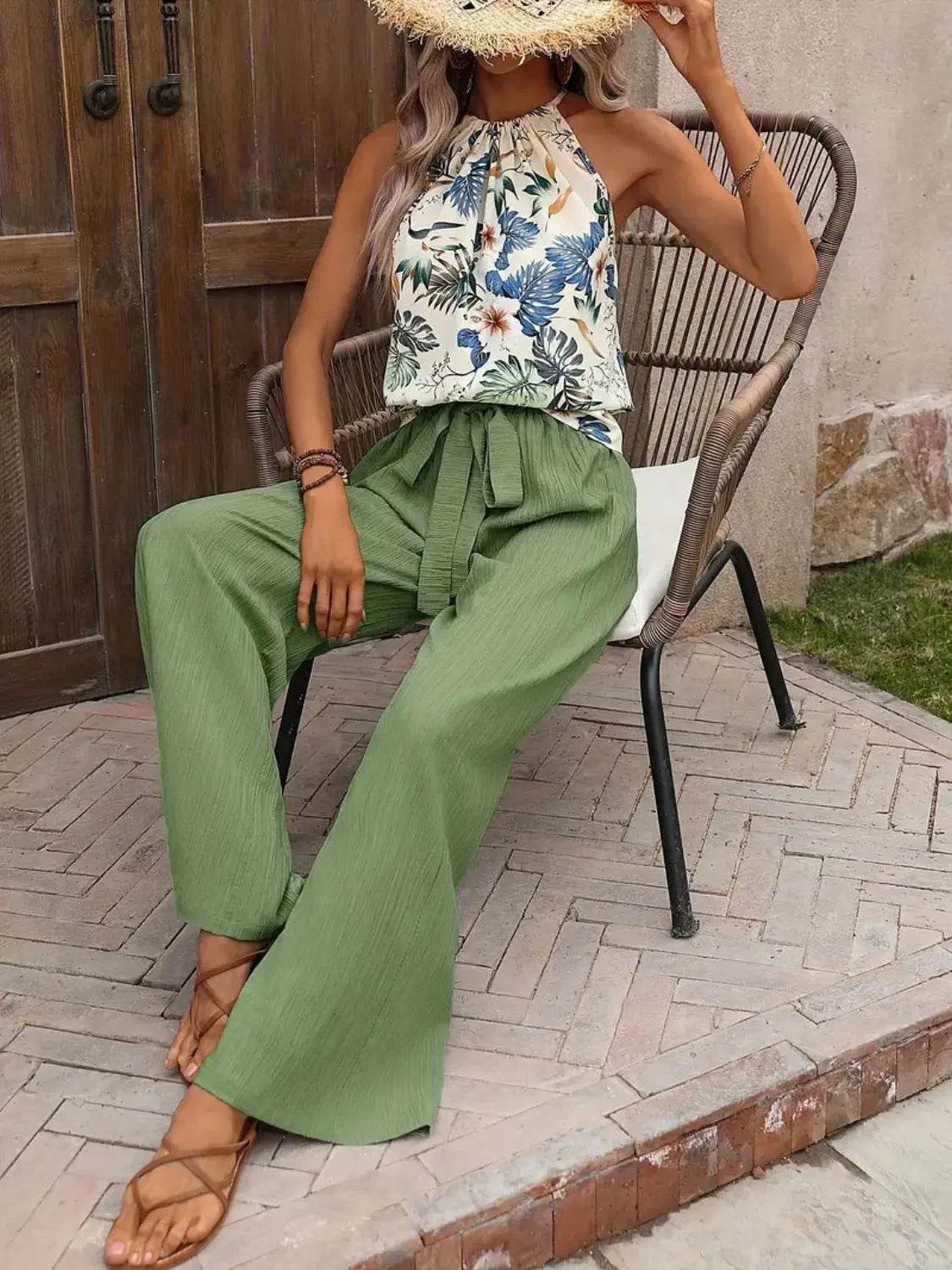 Printed Tank Top and Wide Leg Pants Set - Tredona LLC