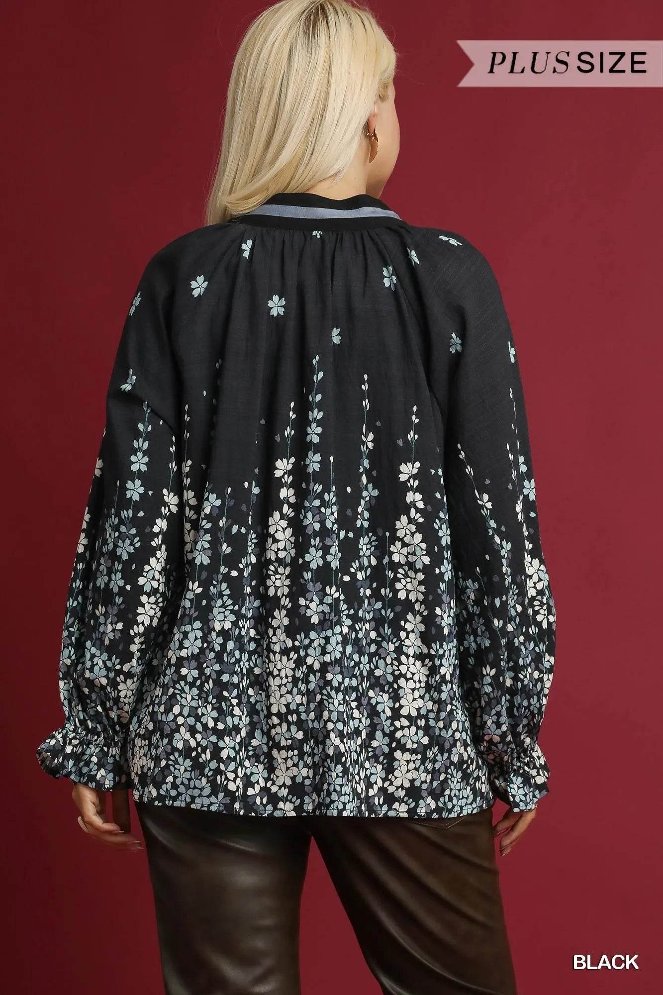 Umgee Full Size Floral Vine Print Blouse with Balloon Sleeves Plus Size - Tredona LLC