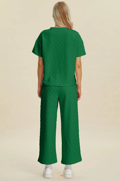 Double Take Full Size Texture Round Neck Short Sleeve Top and Pants Set - Tredona LLC