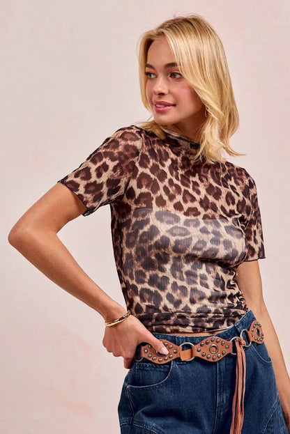 BiBi High Neck Leopard Mesh Short Sleeves Top - Tredona LLC