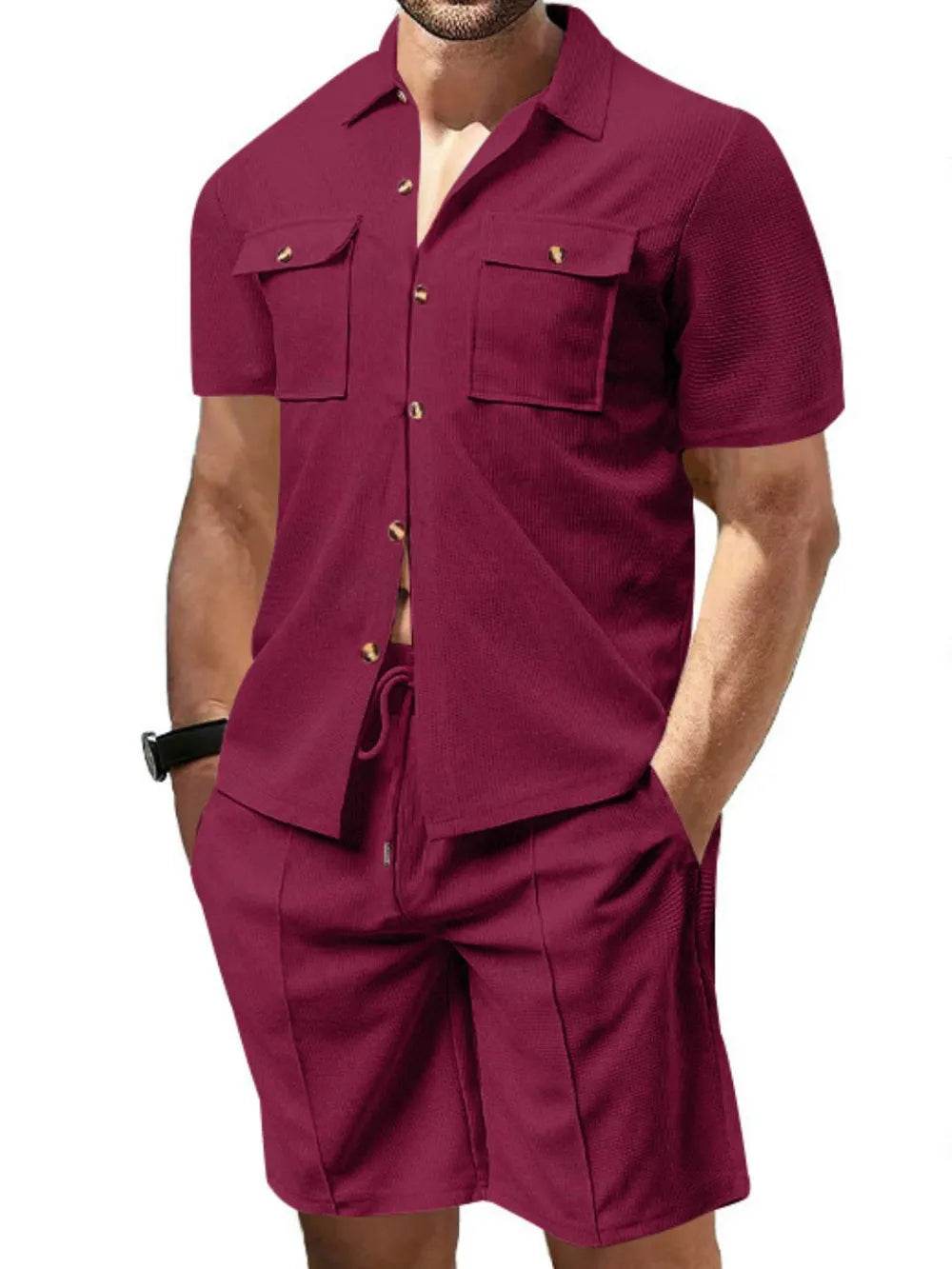 Men's Full Size Button Down Short Sleeve Top and Shorts Set Plus Size - Tredona LLC