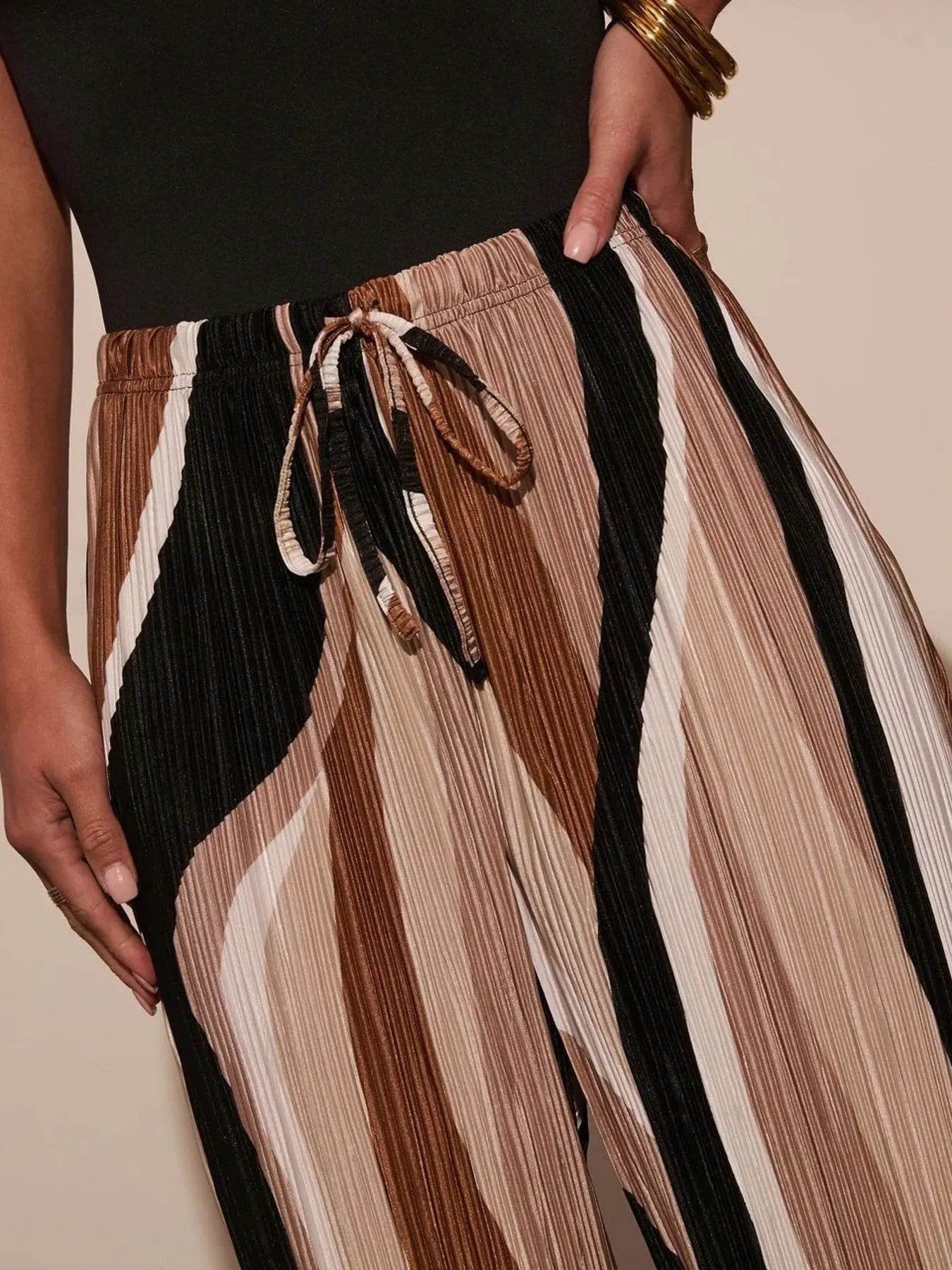 Drawstring Contrast Wide Leg Pants - Tredona LLC
