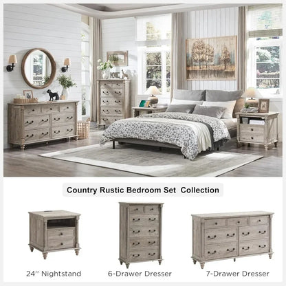 Rustic Country Style 7-Drawer Wood Dresser with Solid Feet and Column Accents for Bedroom