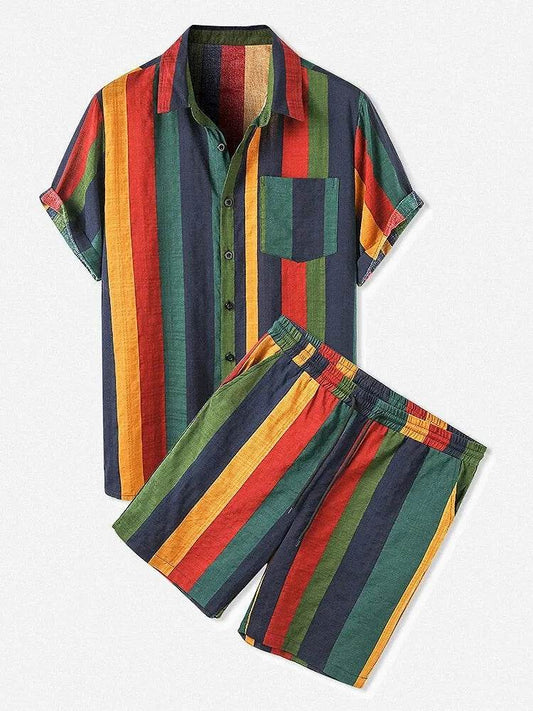 Men's Full Size Striped Button Up Shirt and Shorts Set Plus Size - Tredona LLC