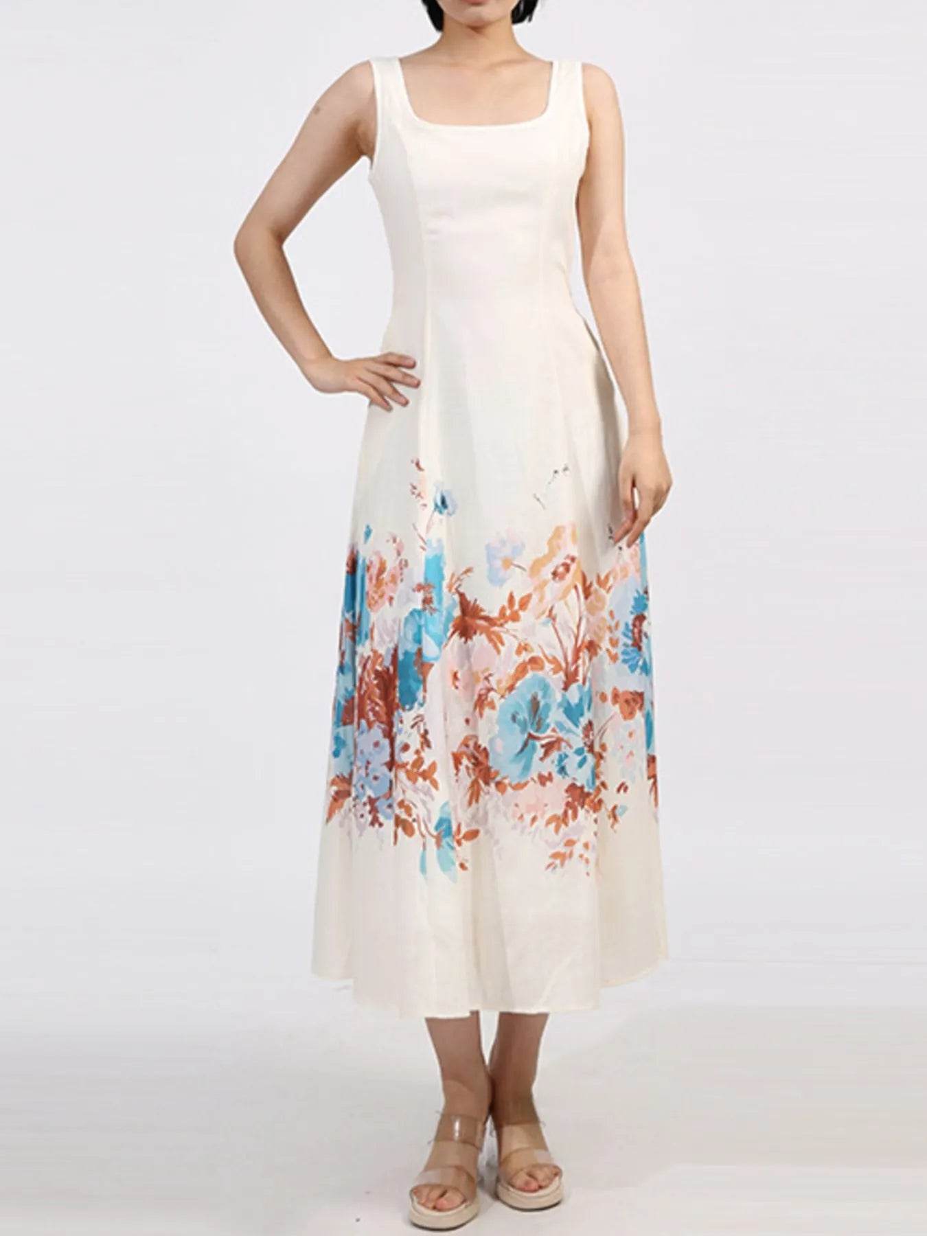 Cutout Back Printed Square Neck Dress - Tredona LLC