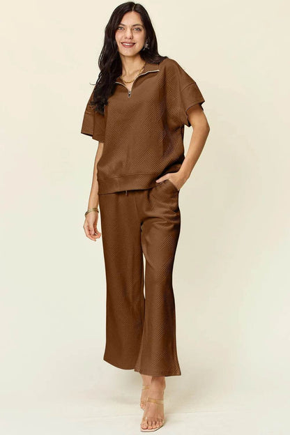 Double Take Full Size Texture Half Zip Short Sleeve Top and Pants Set - Tredona LLC
