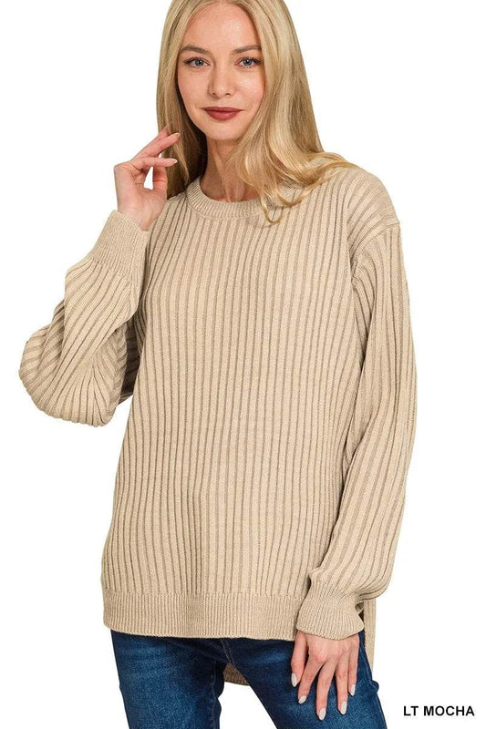 Zenana Curved Hem Two-Tone Ribbed Sweater - Tredona LLC