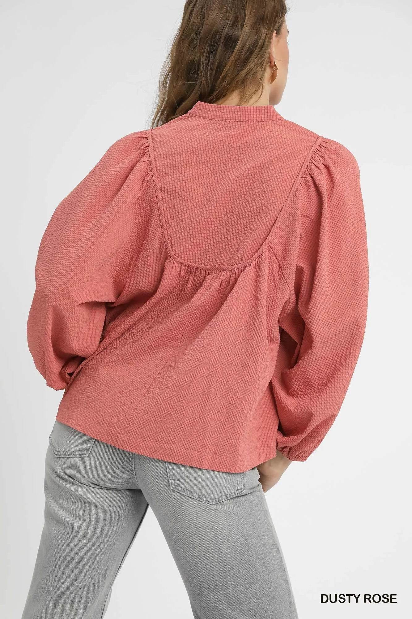Umgee Textured Notched Blouse with Balloon Sleeves - Tredona LLC