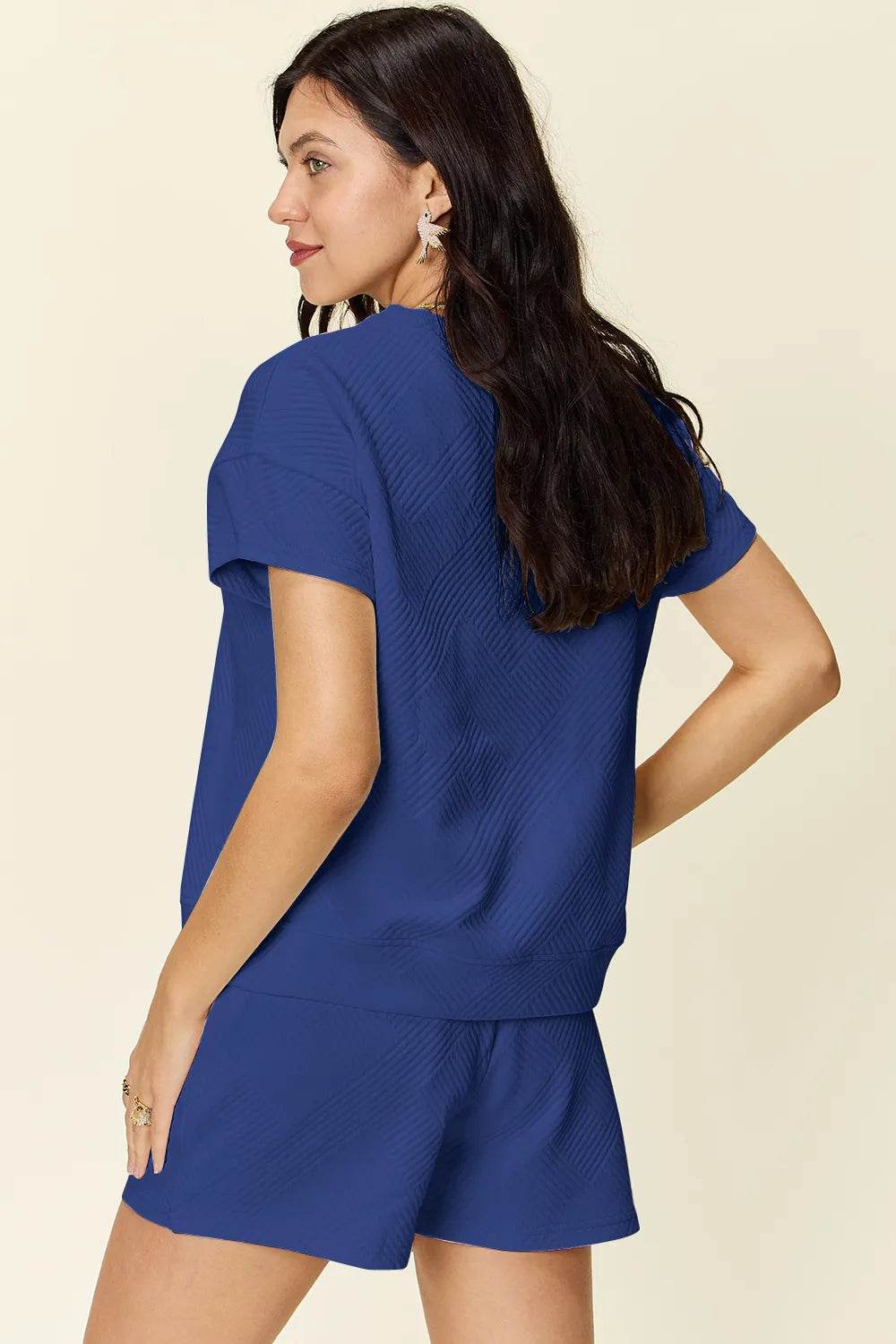 Double Take Full Size Texture Short Sleeve T-Shirt and Drawstring Shorts Set - Tredona LLC