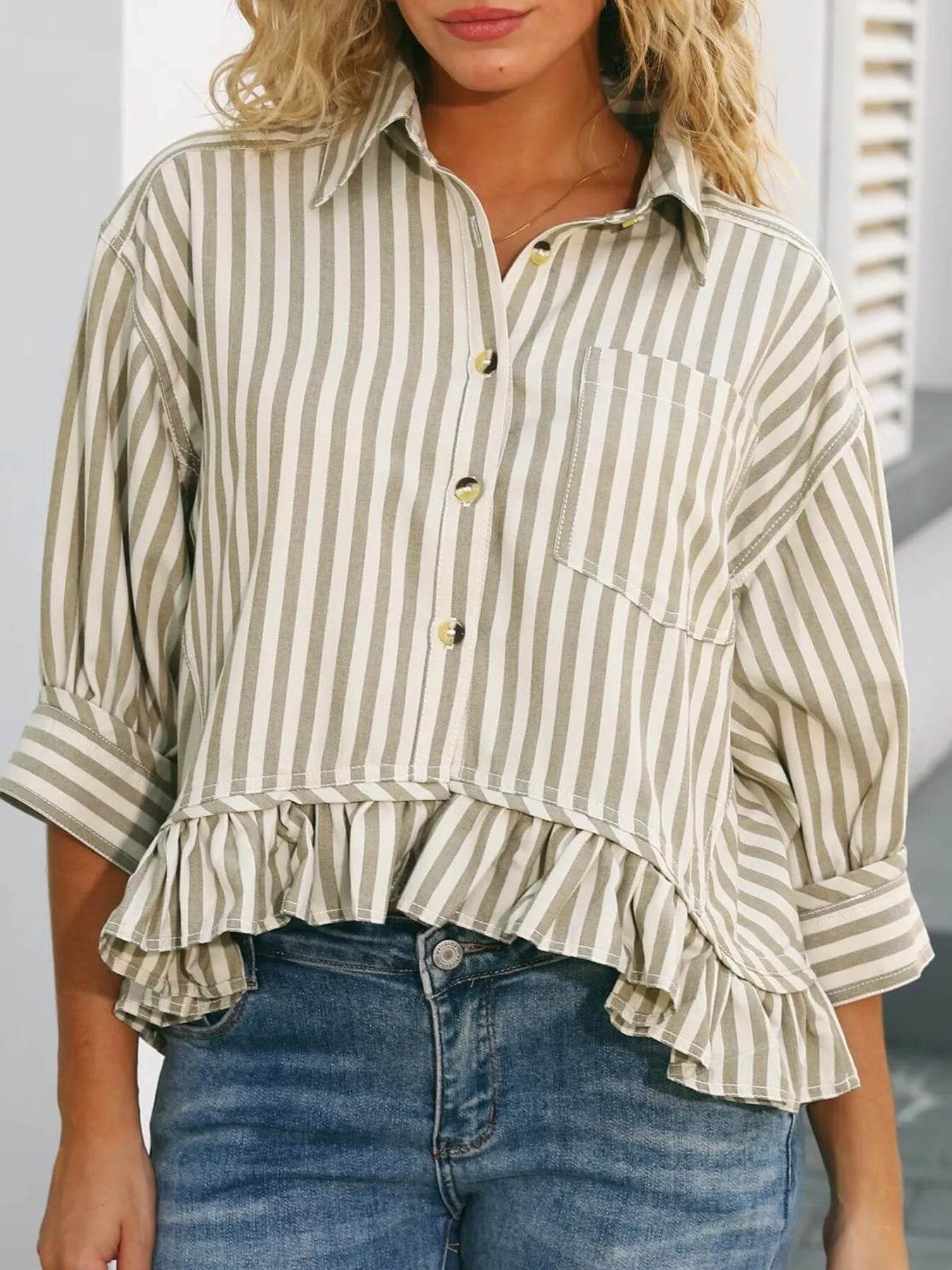 Striped Ruffle Hem Button-Up Shirt - Tredona LLC