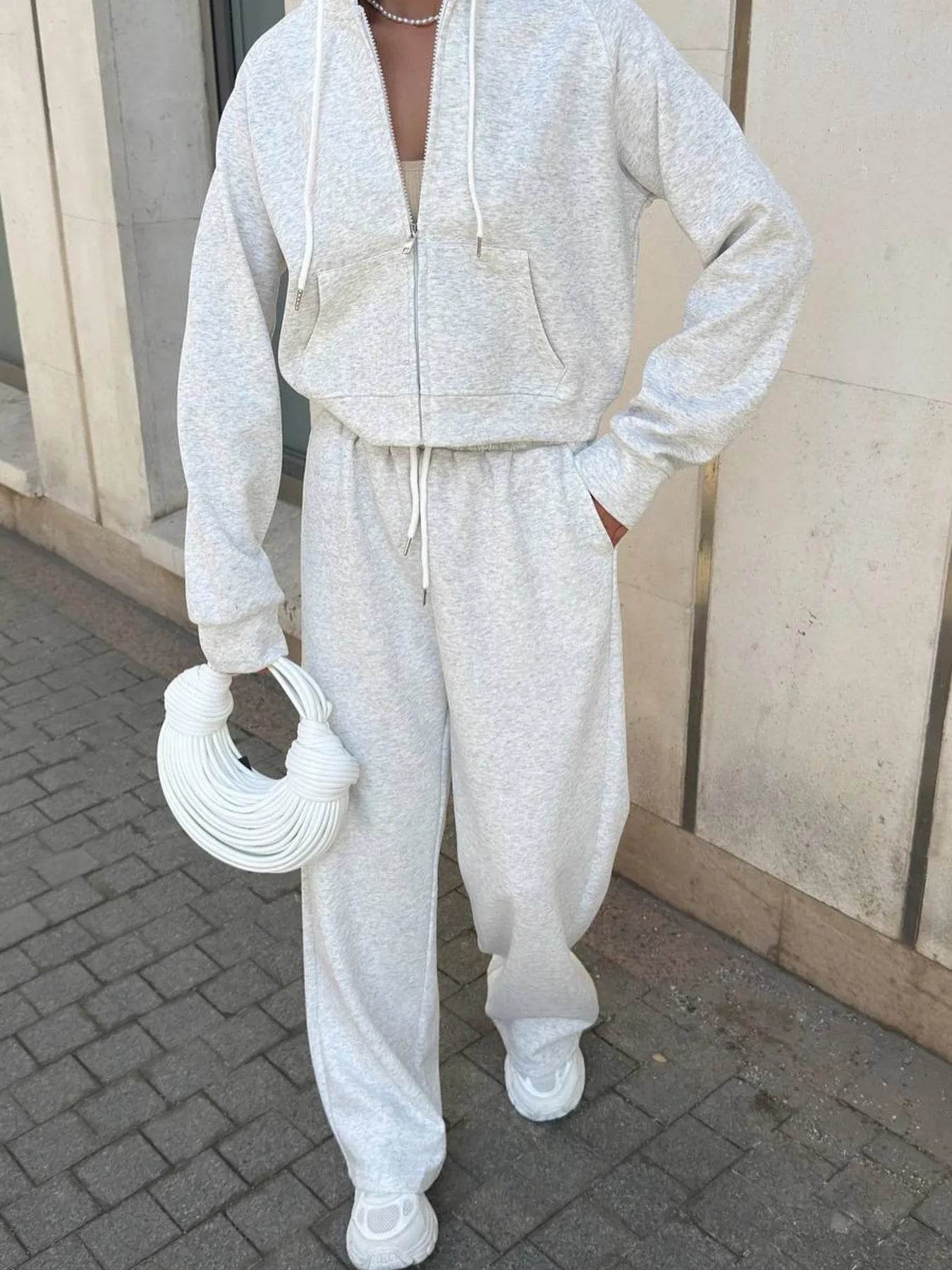 Zip Up Drawstring Hoodie and Pants Set - Tredona LLC