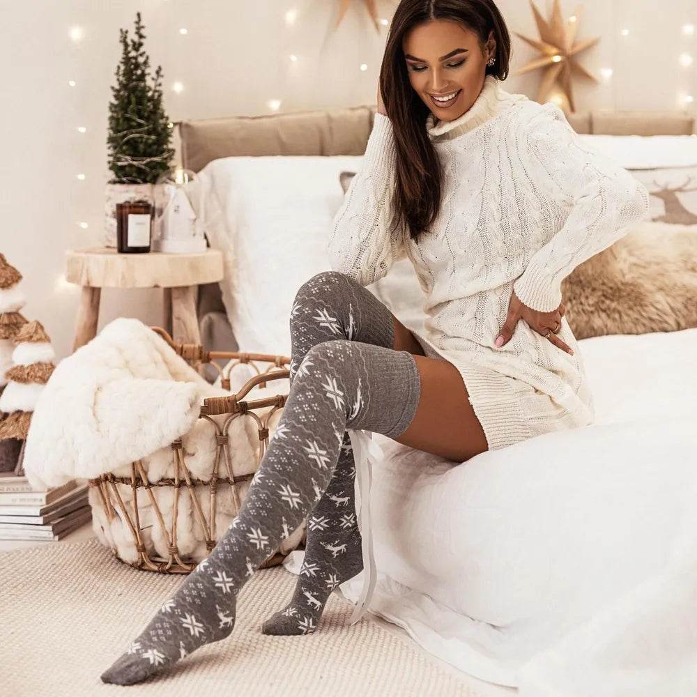Christmas Element Bowknot Ribbed Trim Over Knee Stockings - Tredona LLC