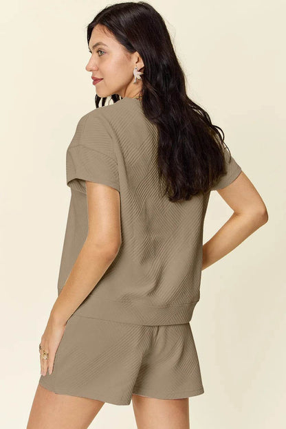 Double Take Full Size Texture Short Sleeve T-Shirt and Drawstring Shorts Set - Tredona LLC