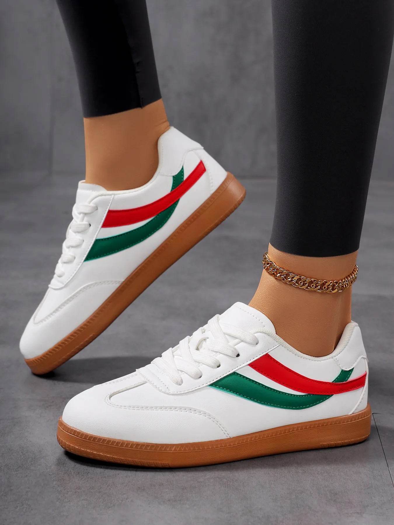 Lace Up Flat Sneakers with Stripe Accent - Tredona LLC