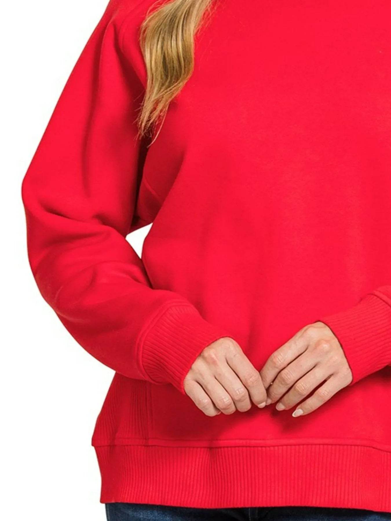 Zenana Fleece Round Neck Ribbed Side Raglan Sweatshirt - Tredona LLC