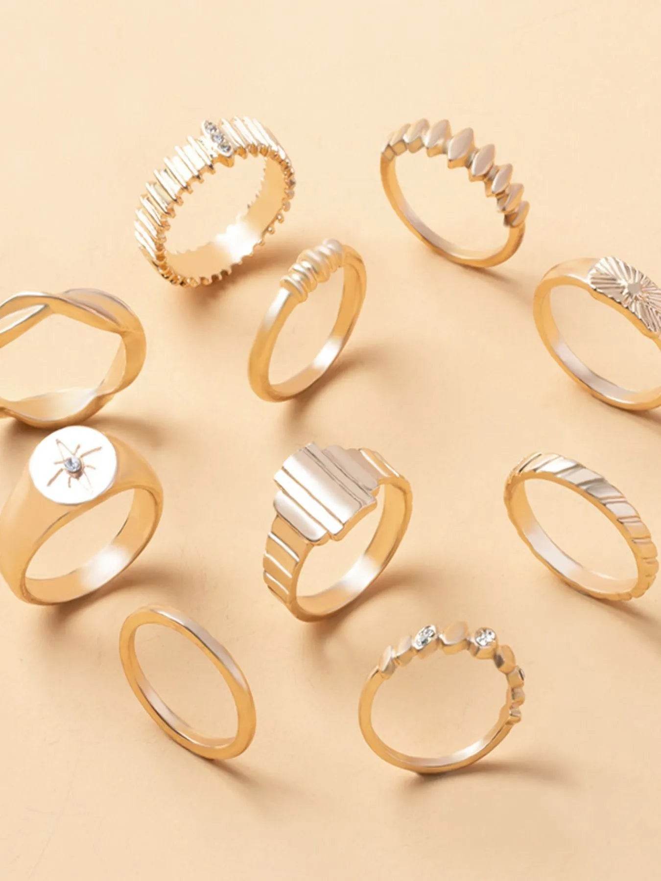 10-Piece 18K Gold-Plated Geometric Ring - Tredona LLC