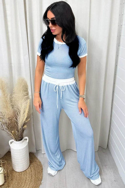 Contrast Trim Round Neck Top and Pants Set - Tredona LLC