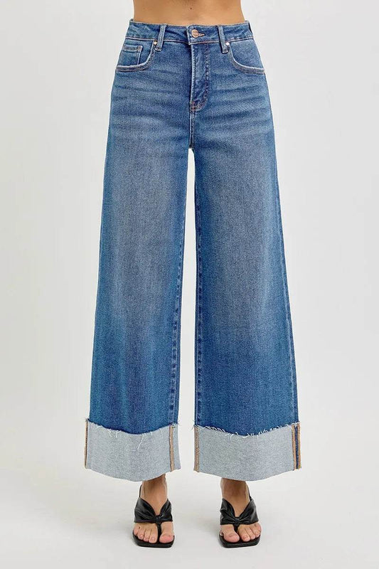 RISEN Full Size Tummy Control High Rise Crop Wide Cuffed Jeans Plus Size - Tredona LLC