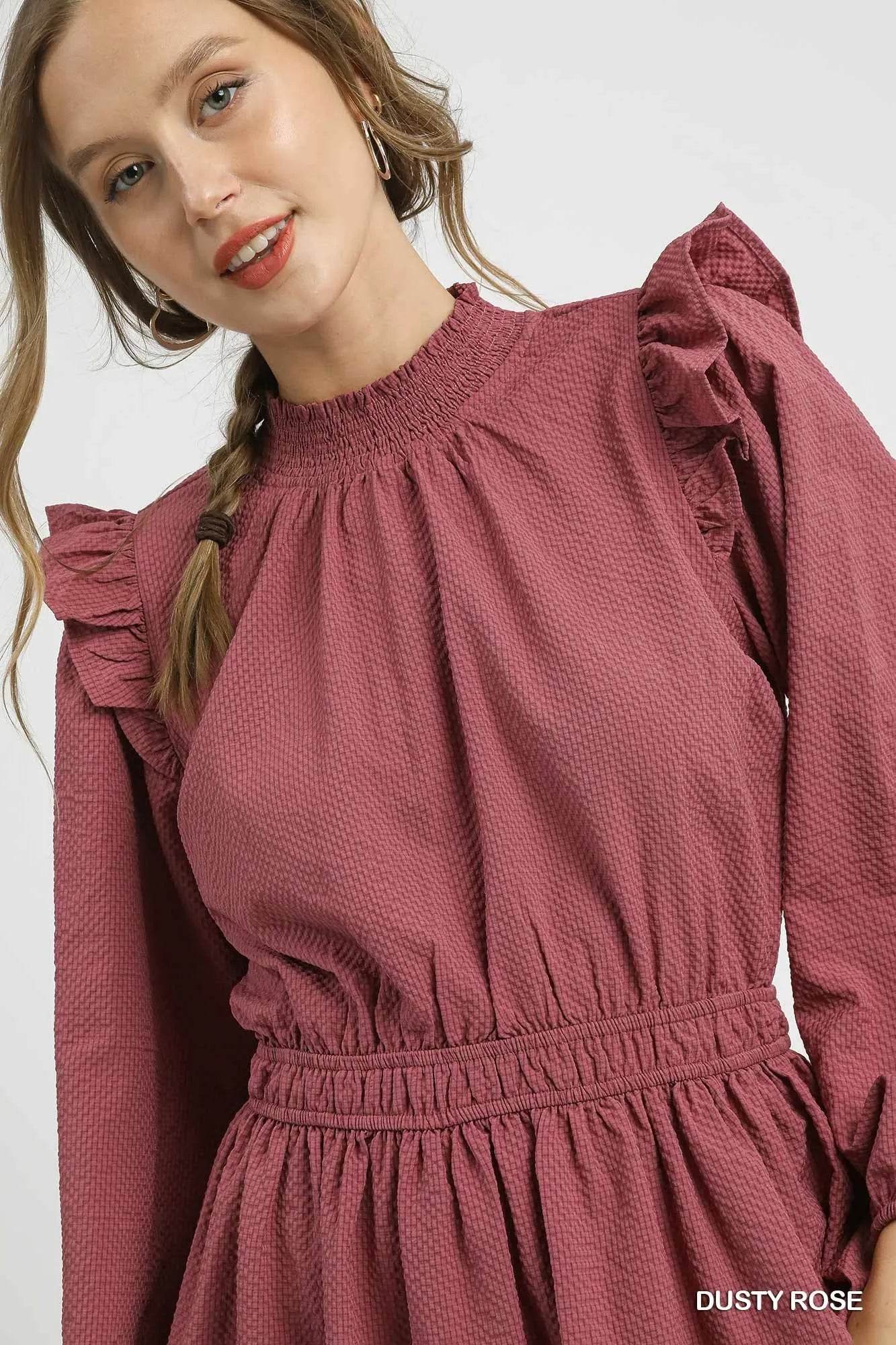 Umgee Textured Midi Dress with Ruffle Shoulder Detail - Tredona LLC