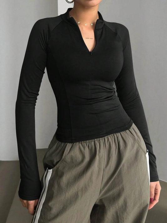 Long Sleeve Zip Front Fitted T-Shirt - Tredona LLC