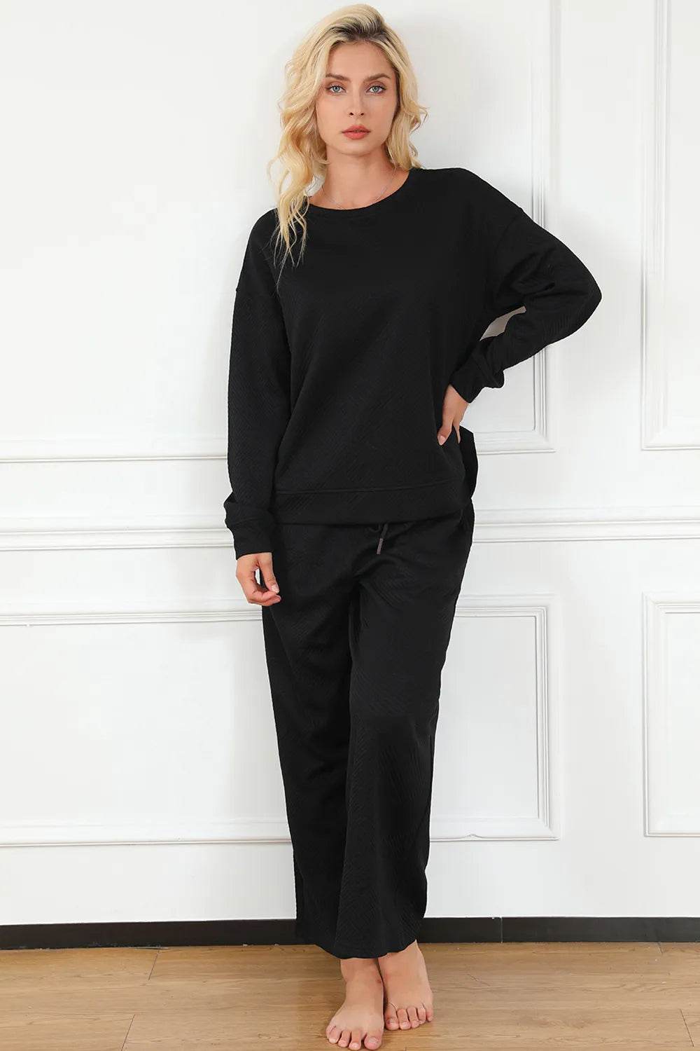 Double Take Full Size Textured Long Sleeve Top and Drawstring Pants Set - Tredona LLC