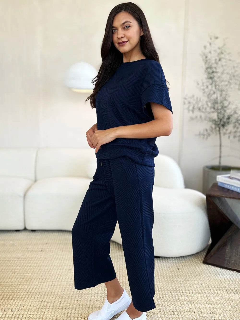 Double Take Full Size Texture Short Sleeve Top and Pants Set - Tredona LLC