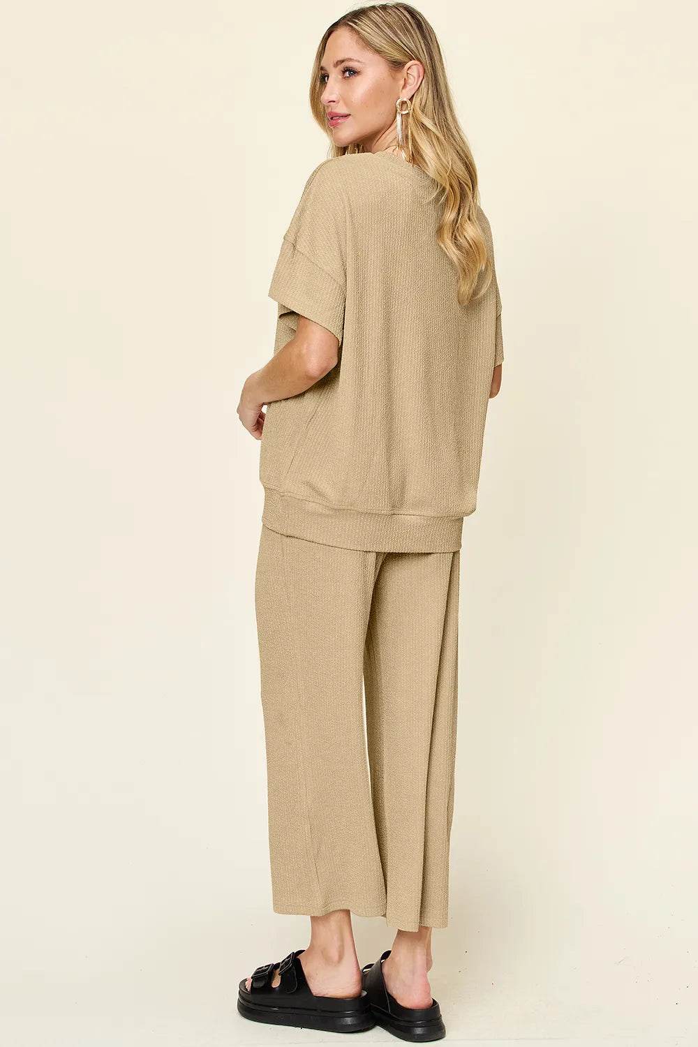 Double Take Full Size Texture Round Neck Short Sleeve T-Shirt and Wide Leg Pants - Tredona LLC