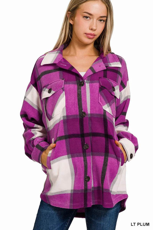 Zenana Oversized Plaid Fleece Shacket - Tredona LLC