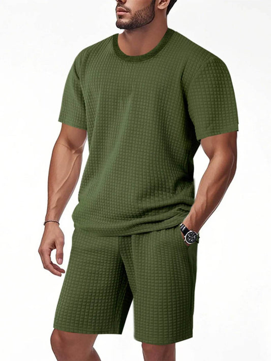 Men's Full Size Textured Round Neck Top and Shorts Set Plus SIze - Tredona LLC