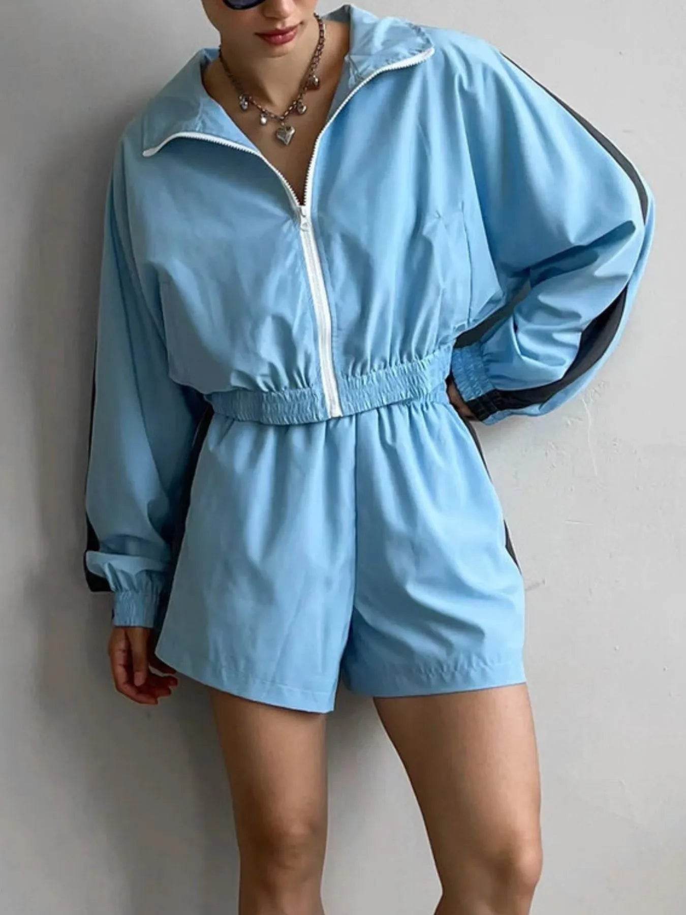 Zip Up Long Sleeve Jacket and Shorts Set - Tredona LLC