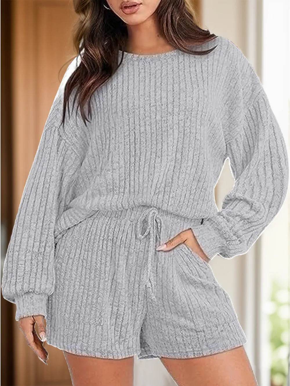 Round Neck Dropped Shoulder Top and Shorts Set - Tredona LLC