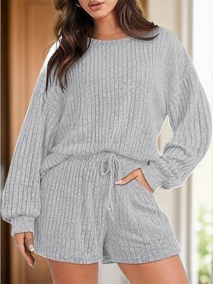 Round Neck Dropped Shoulder Top and Shorts Set - Tredona LLC