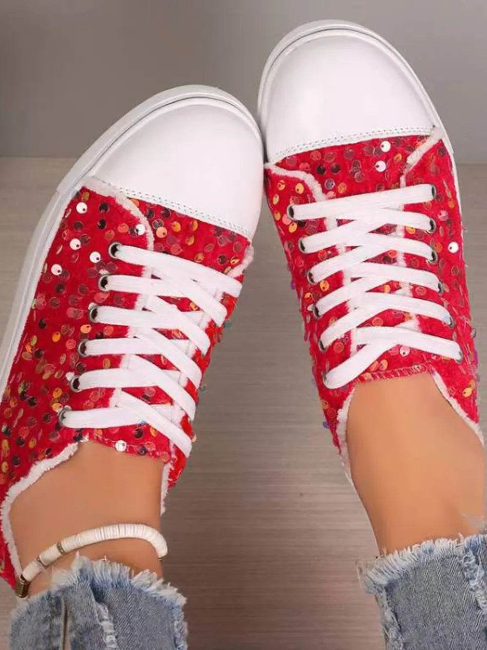 Sequin Round Toe Flat Sneakers - Tredona LLC