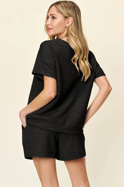 Double Take Full Size Texture Short Sleeve T-Shirt and Drawstring Shorts Set - Tredona LLC