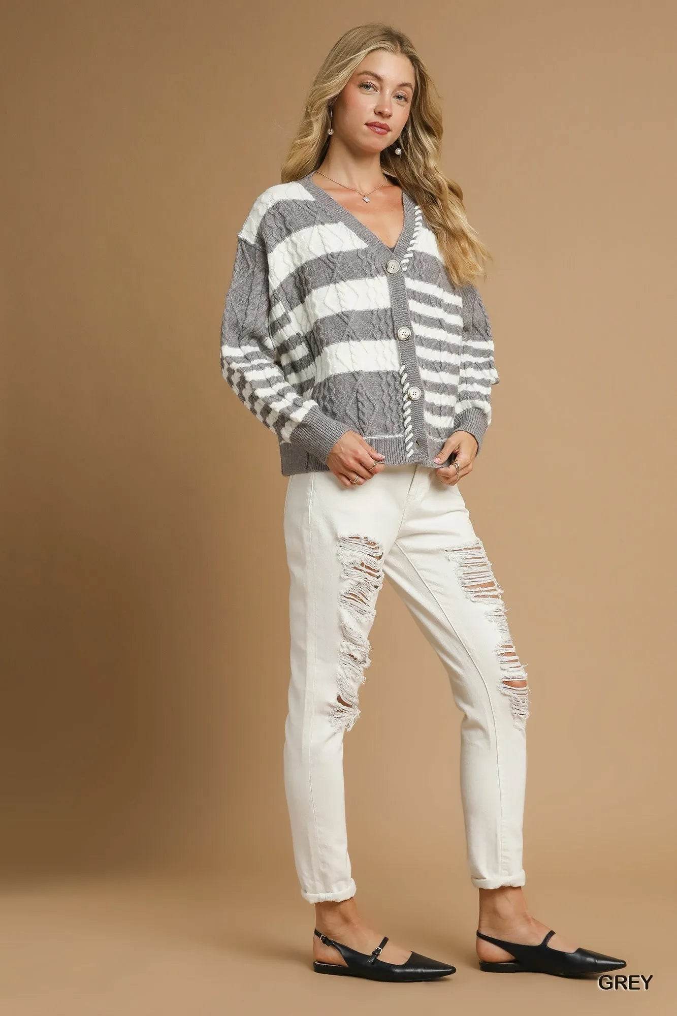 Umgee Cable-Knit Stripe Button-Up Cardigan - Tredona LLC