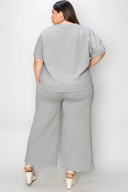 Double Take Full Size Texture Short Sleeve Top and Pants Set - Tredona LLC