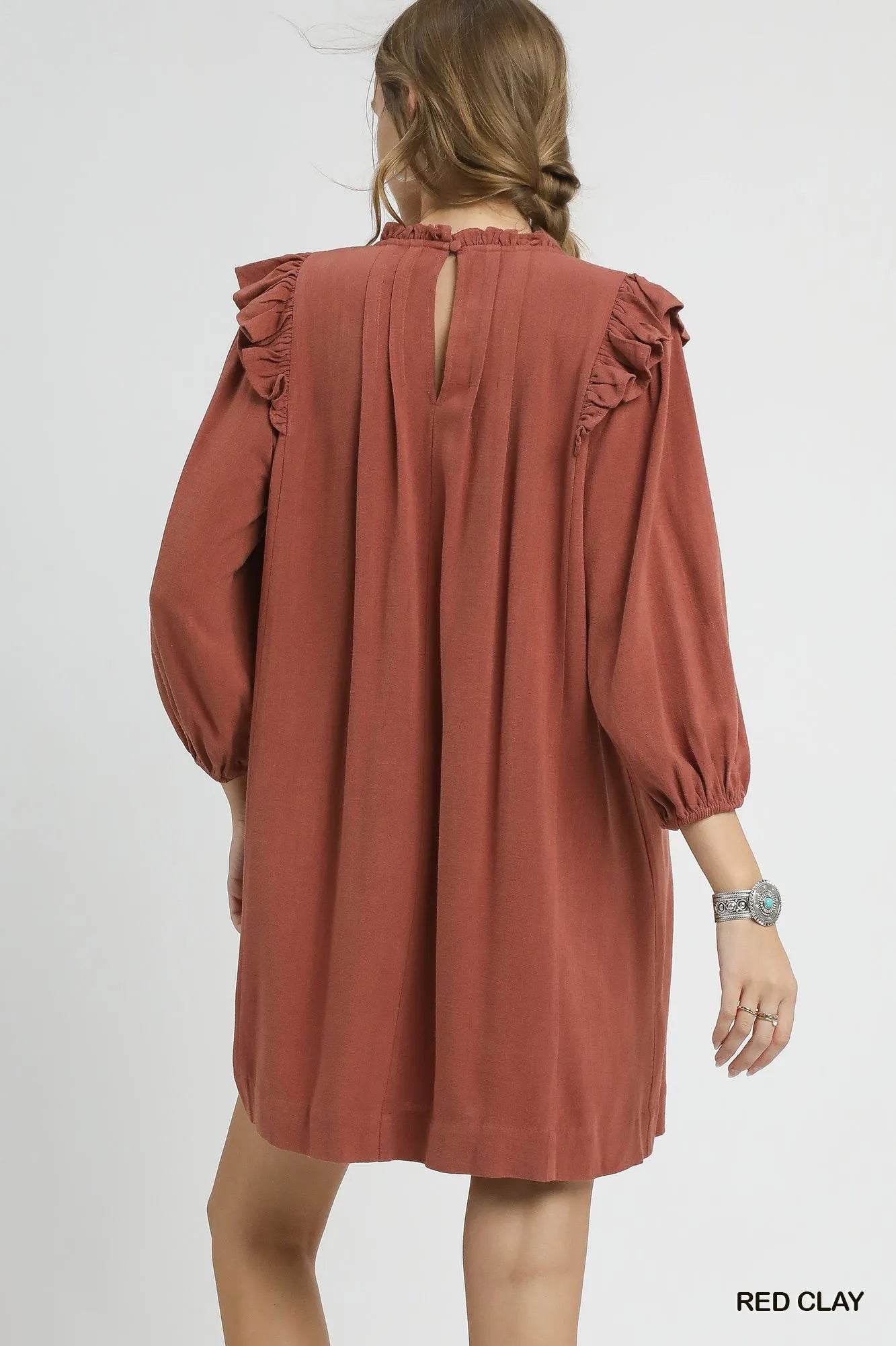 Umgee Linen Ruffle Shoulder Pleated Babydoll Dress - Tredona LLC