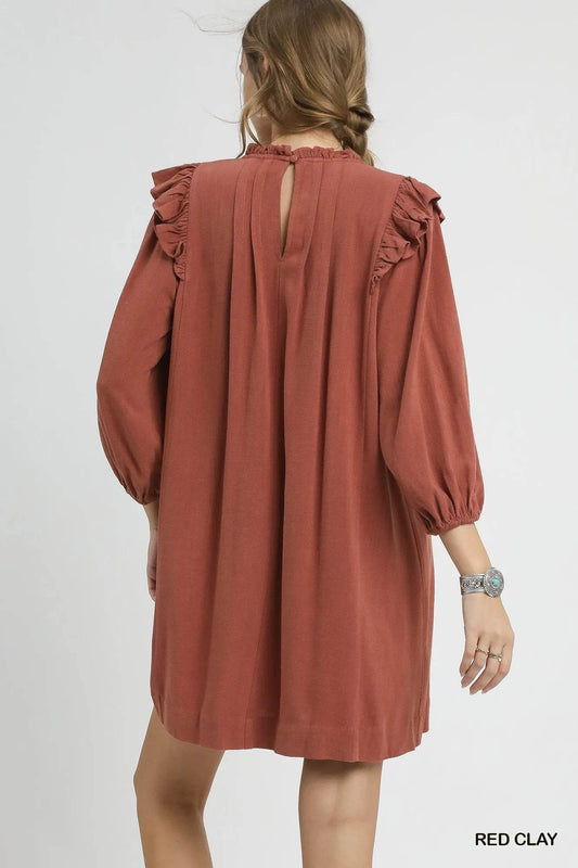 Umgee Linen Ruffle Shoulder Pleated Babydoll Dress - Tredona LLC
