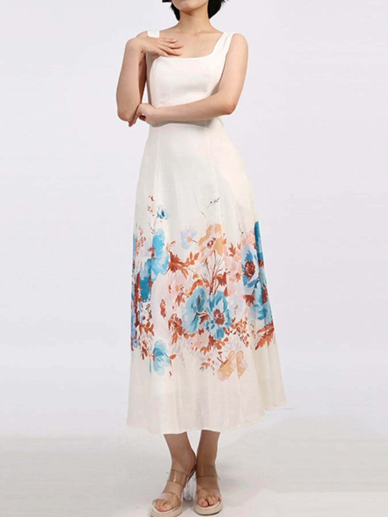 Cutout Back Printed Square Neck Dress - Tredona LLC