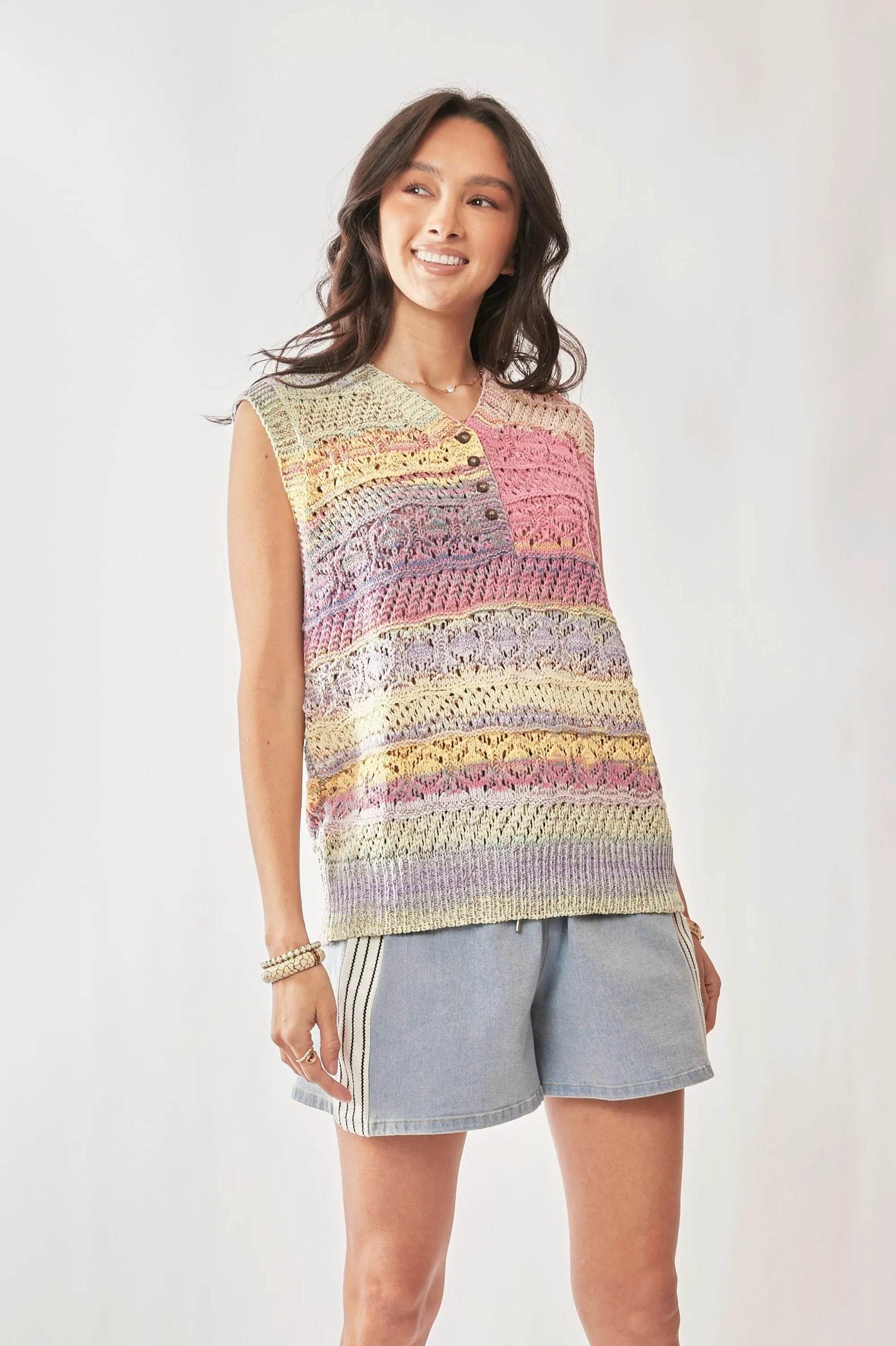 Davi & Dani Multi Color Crochet Sleeveless Knit Vest Top - Tredona LLC