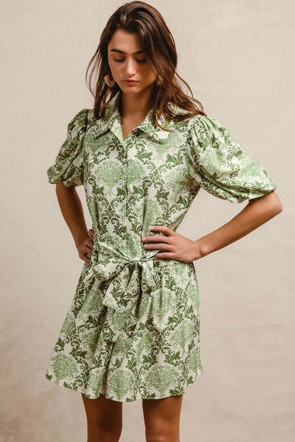 BiBi Tied Floral Short Sleeve Mini Shirt Dress - Tredona LLC