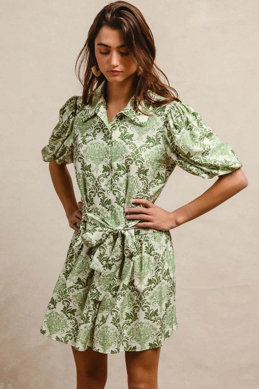 BiBi Tied Floral Short Sleeve Mini Shirt Dress - Tredona LLC